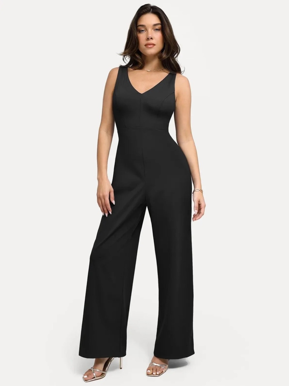 Popilush Slimming V-Neck Black Wide-Leg Jumpsuit with Built-in Shapewear